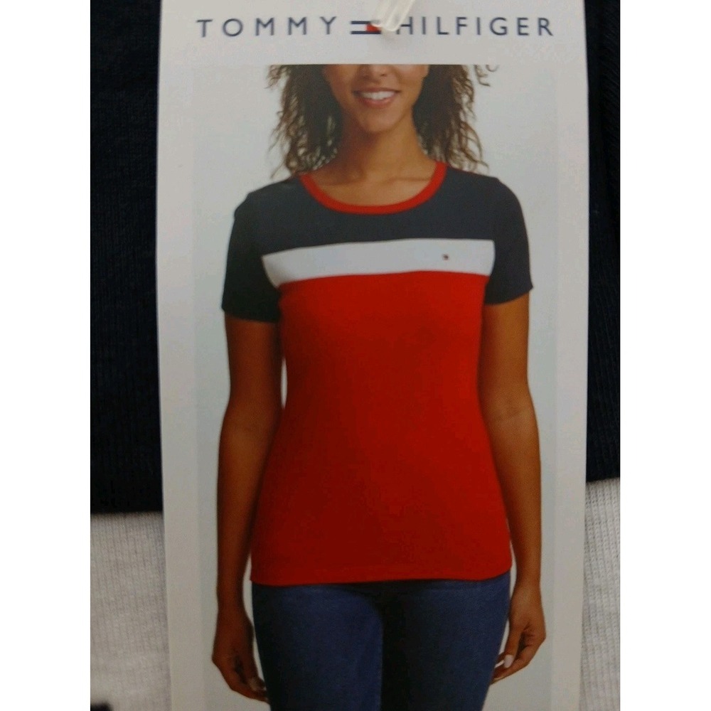 Tommy Hilfiger T-Shirt Women Large Red Colorblock Americana Logo Short Sleeve